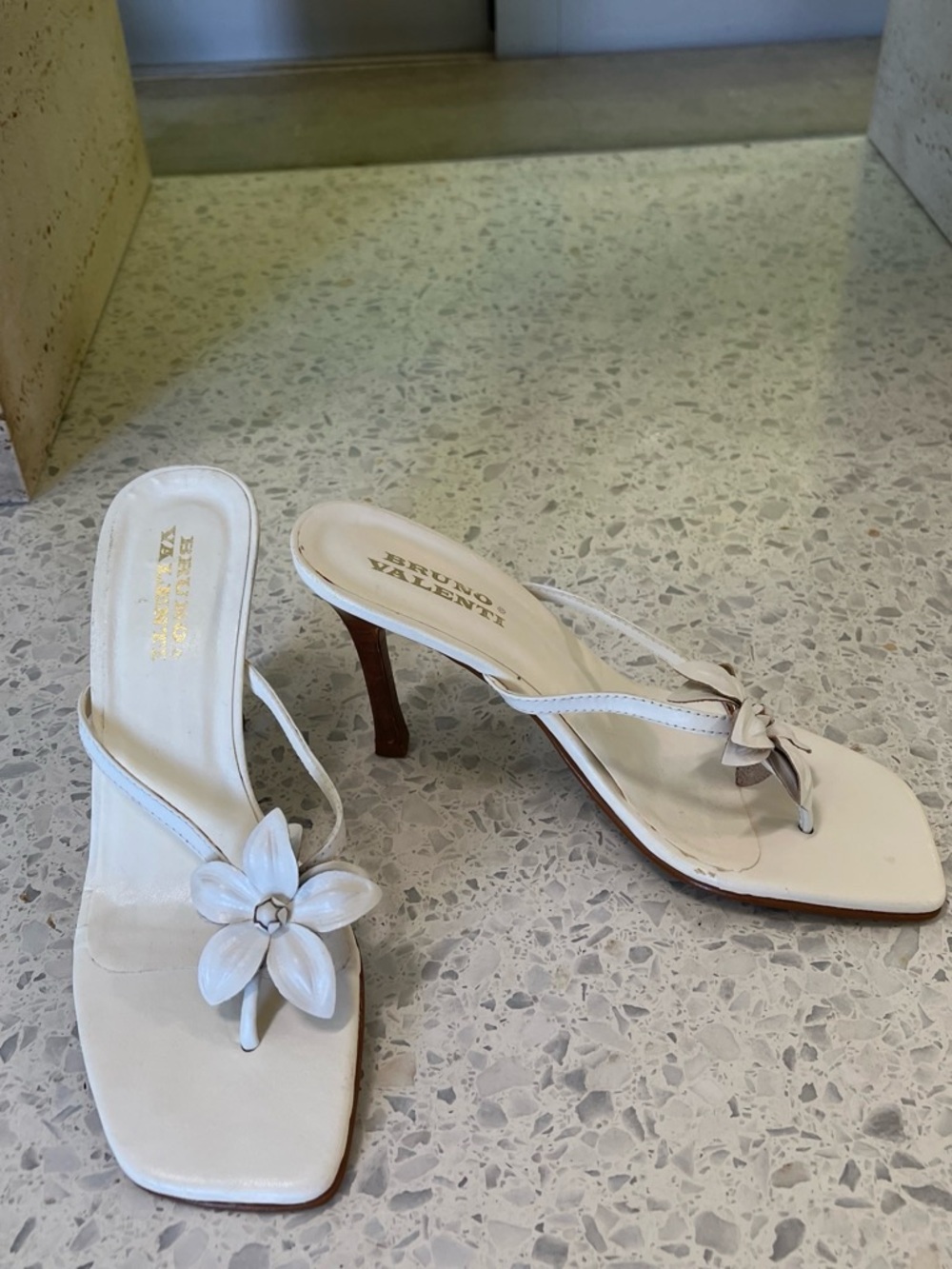 White Floral Leather Mid-Heel Sandal